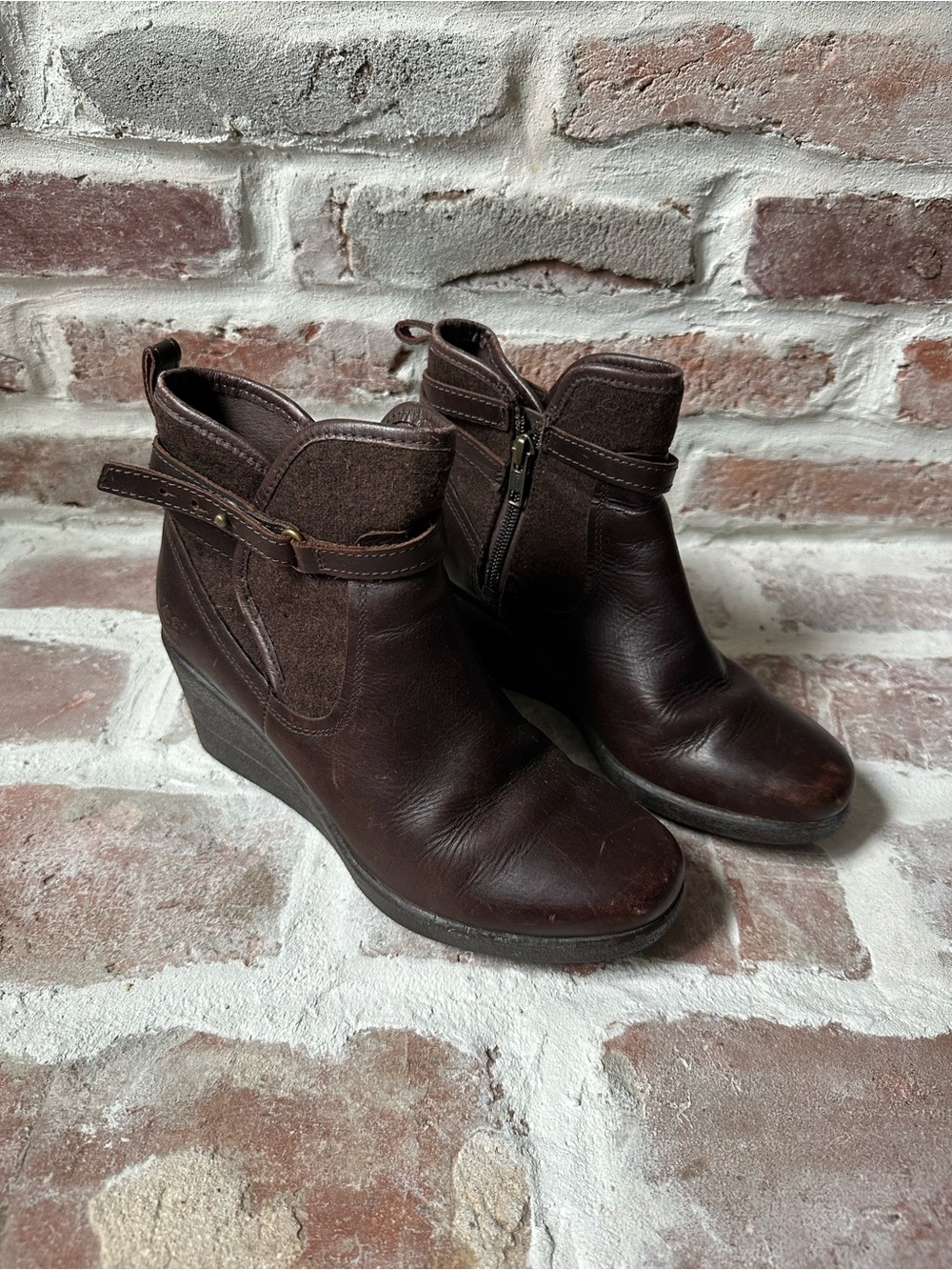 UGG Dark Brown Leather Wedge Ankle Boots